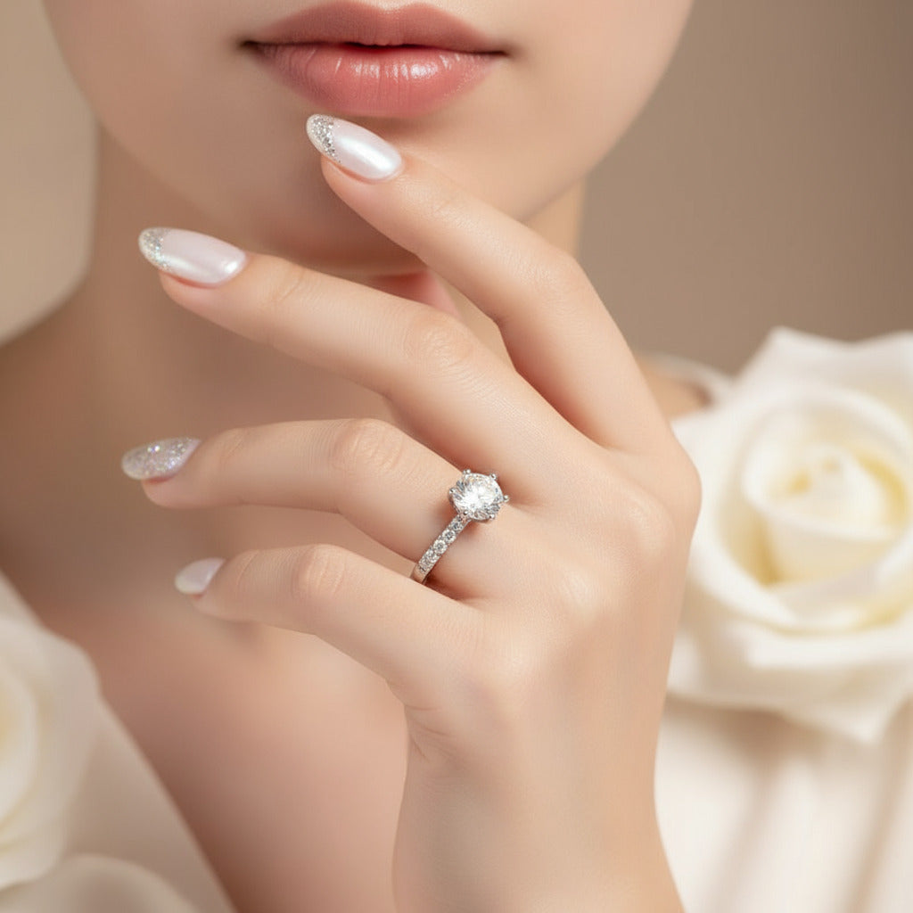 14k White Gold 1.0 Ct Round Cut Diamond Classic 6 Prong Engagement Ring-Black Diamonds New York