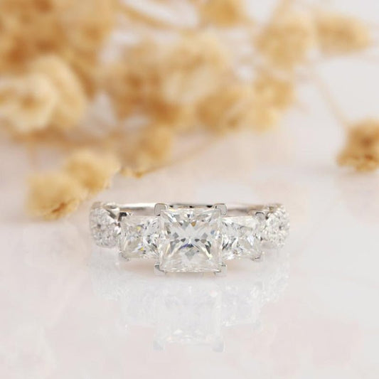 14K White Gold 2.1ct Princess 3 Stone Moissanite Twist Band Engagement Ring - Black Diamonds New York