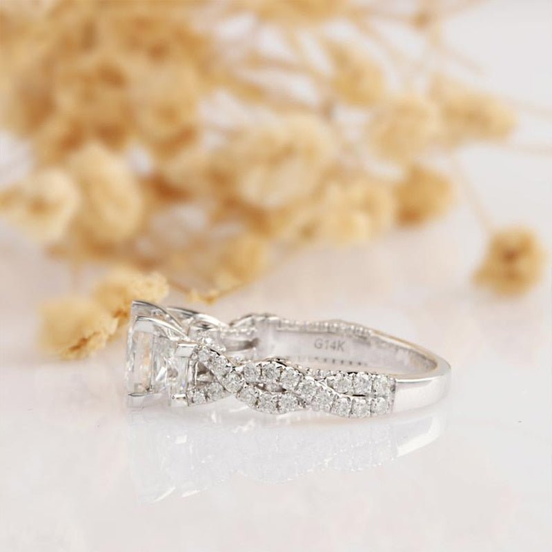 14K White Gold 2.1ct Princess 3 Stone Moissanite Twist Band Engagement Ring-Black Diamonds New York