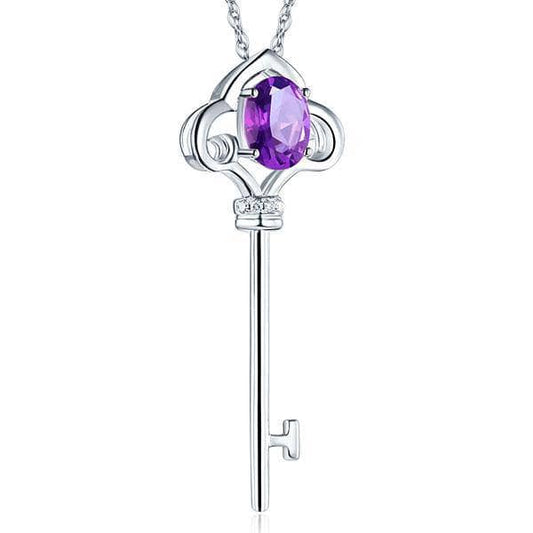 14K White Gold 2.5ct Purple Topaz Love Key Pendant Necklace 0.03ct Diamond