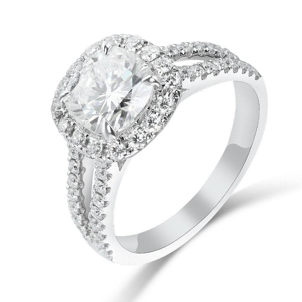 14K White Gold 2ct Cushion Cut Moissanite Split Band Halo Engagement Ring-Black Diamonds New York