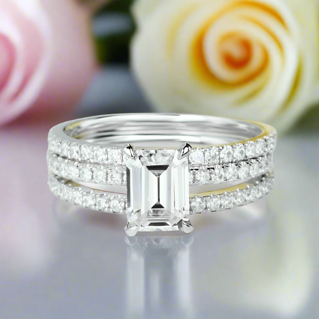 14k White Gold 2.0 Ct Emerald Cut Diamond Hidden Halo Engagement Ring Set-Black Diamonds New York