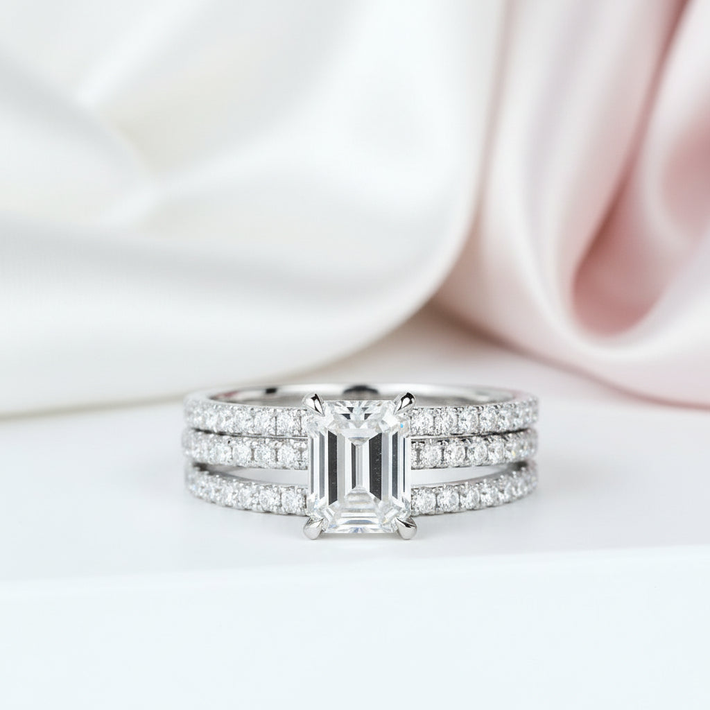 14k White Gold 2.0 Ct Emerald Cut Diamond Option Hidden Halo Engagement Ring Set-Black Diamonds New York