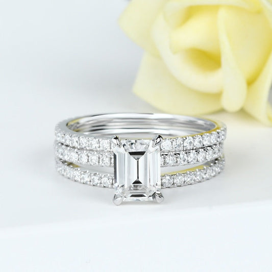 14K White Gold 2ct Emerald Cut Moissanite Hidden Halo Engagement Ring Set-Black Diamonds New York
