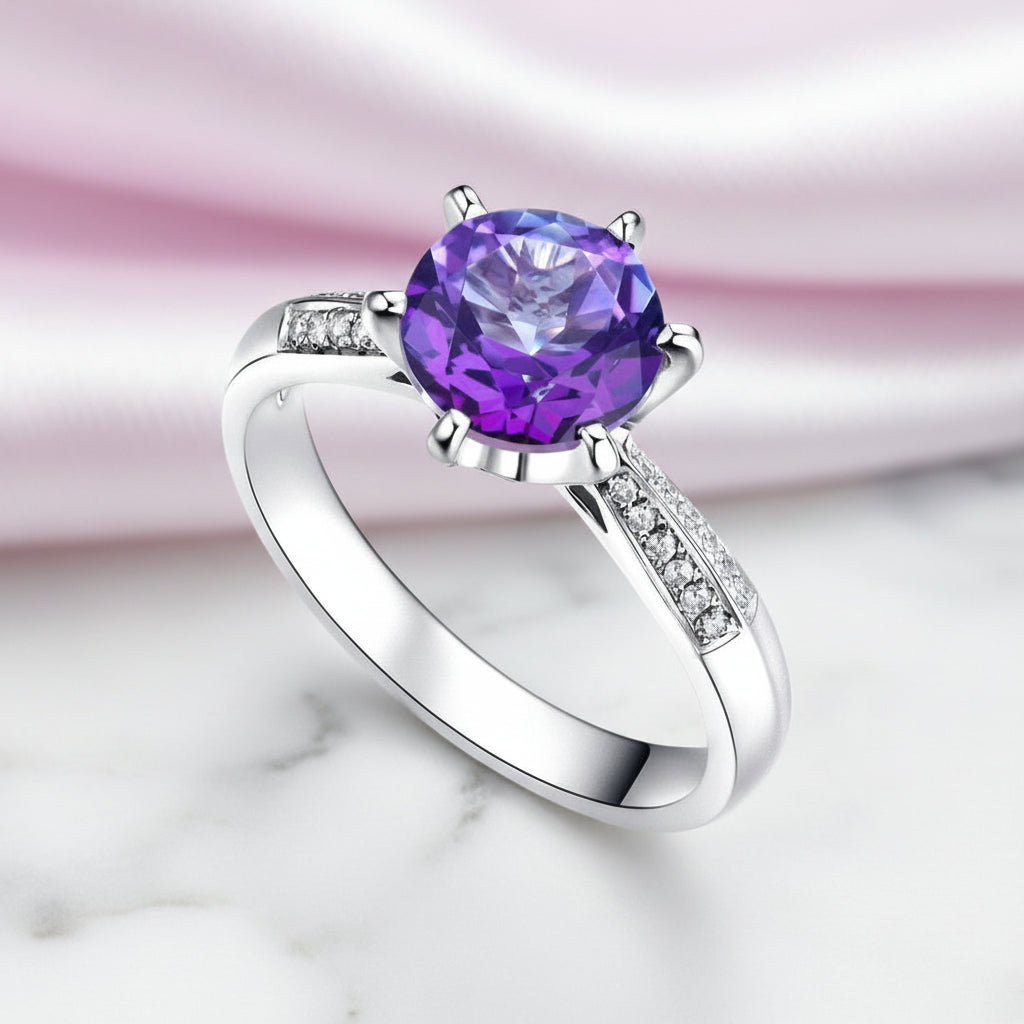 14k White Gold 2ct Purple Topaz 0.1ct Diamond Option Ring-Black Diamonds New York