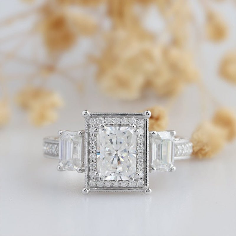 14K White Gold 2ct Radiant Cut Moissanite 3 Stone Halo Engagement Ring - Black Diamonds New York