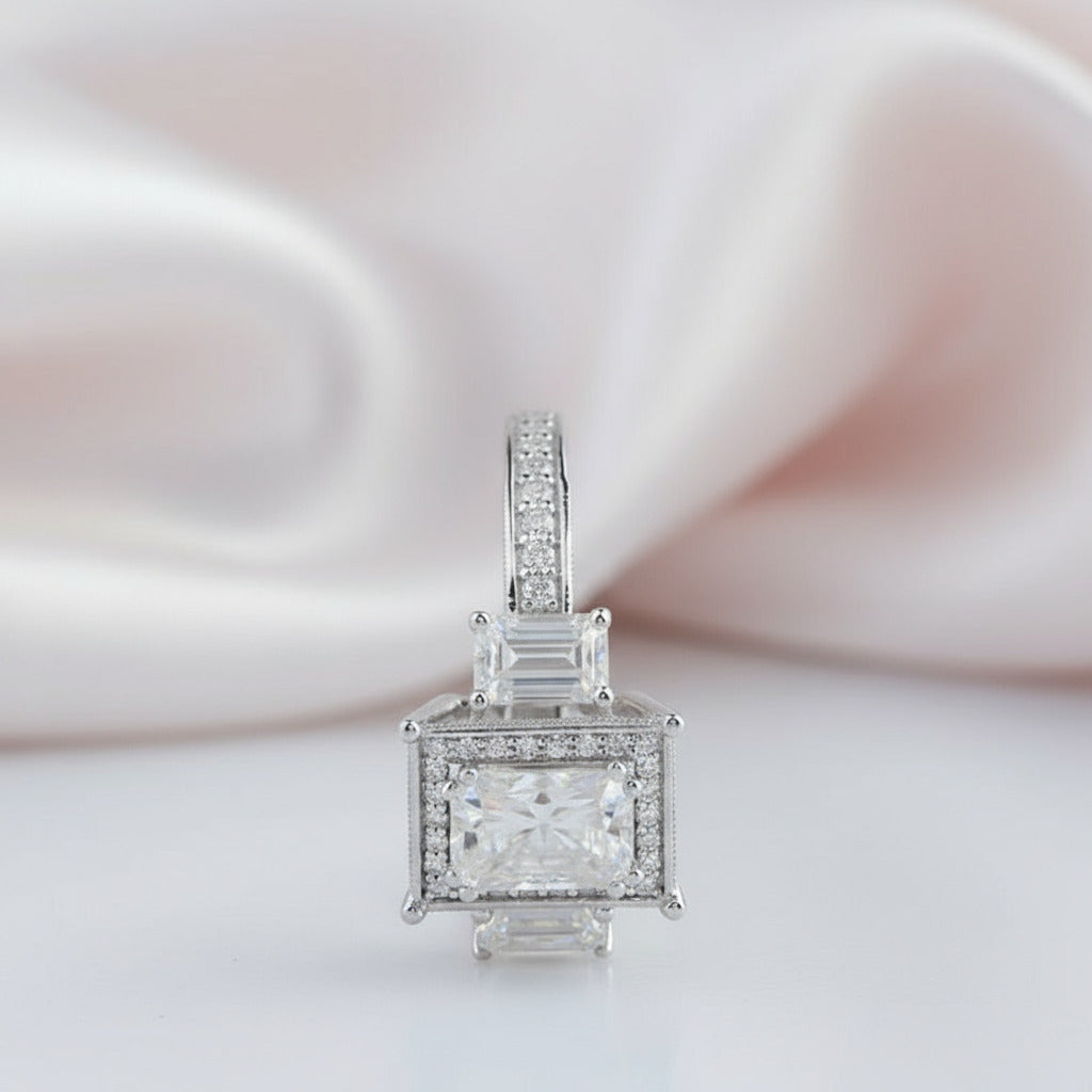 14k White Gold 2.0 Ct Radiant Cut Diamond 3 Stone Halo Engagement Ring-Black Diamonds New York