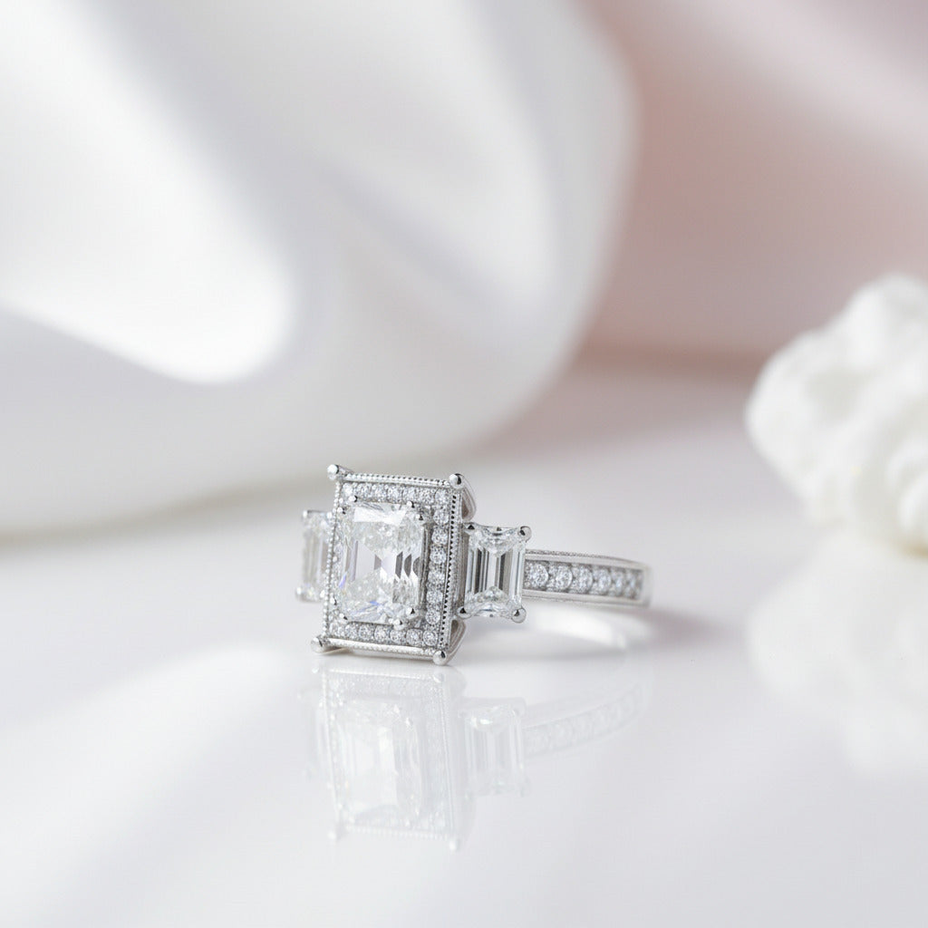 14k White Gold 2.0 Ct Radiant Cut Diamond Option 3 Stone Halo Engagement Ring-Black Diamonds New York