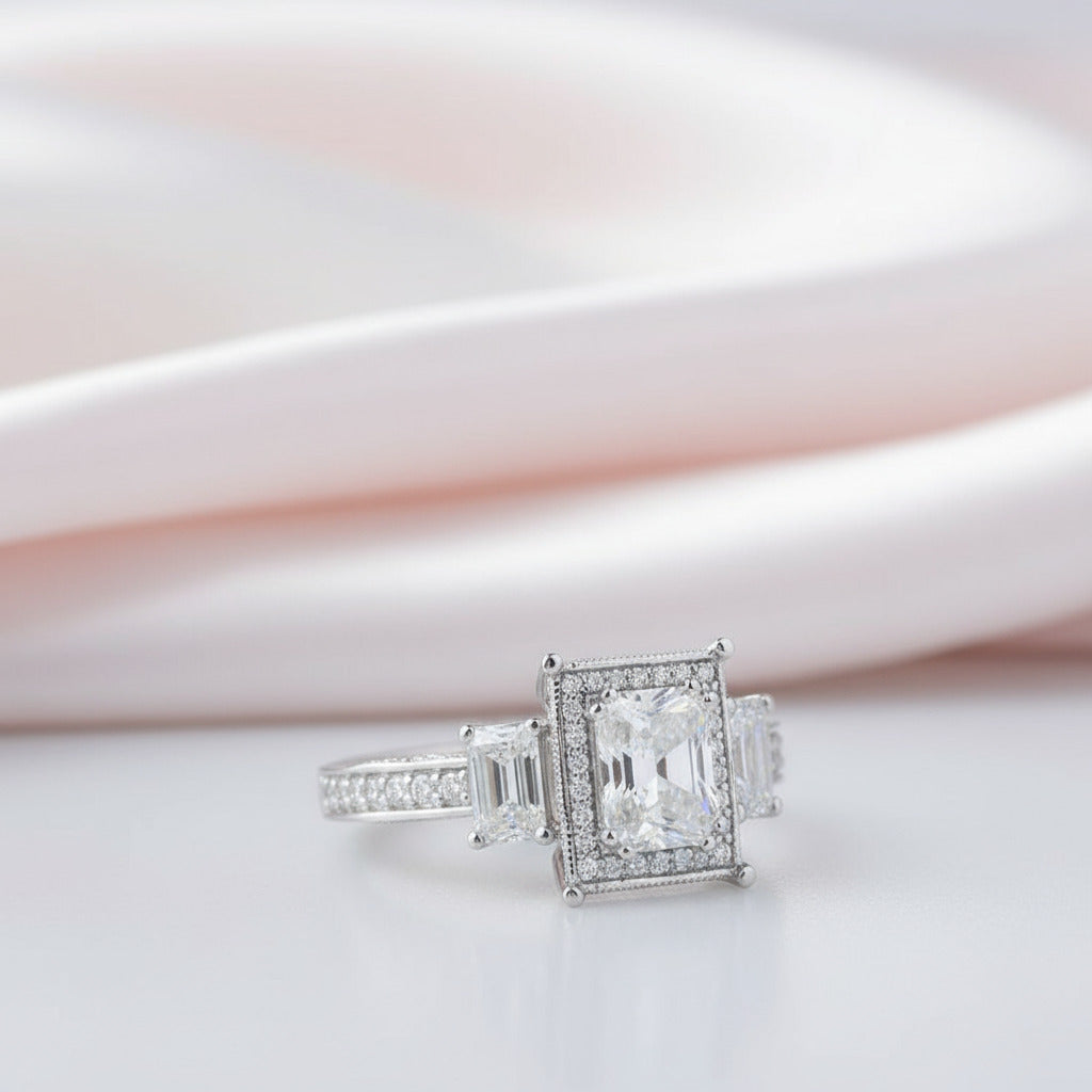 14k White Gold 2.0 Ct Radiant Cut Diamond 3 Stone Halo Engagement Ring-Black Diamonds New York