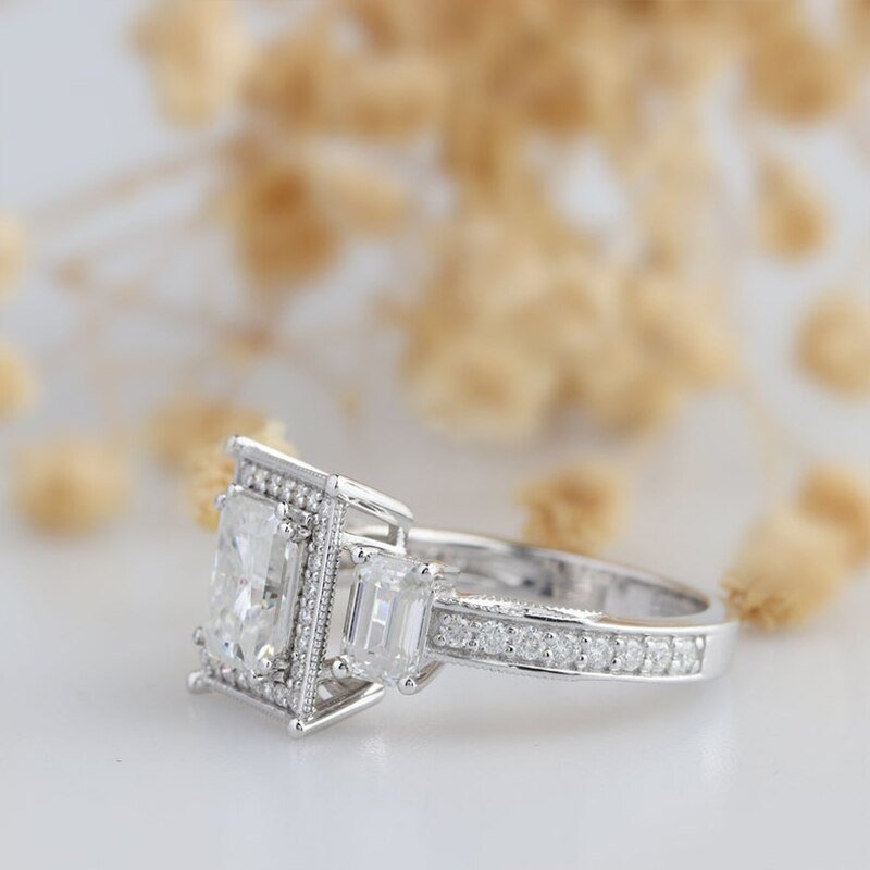 14K White Gold 2ct Radiant Cut Moissanite 3 Stone Halo Engagement Ring-Black Diamonds New York