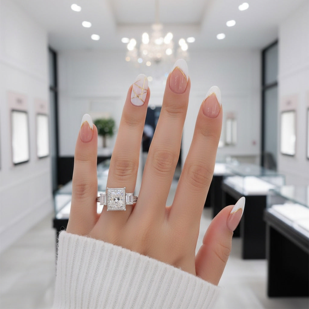 14k White Gold 2.0 Ct Radiant Cut Diamond Option 3 Stone Halo Engagement Ring-Black Diamonds New York