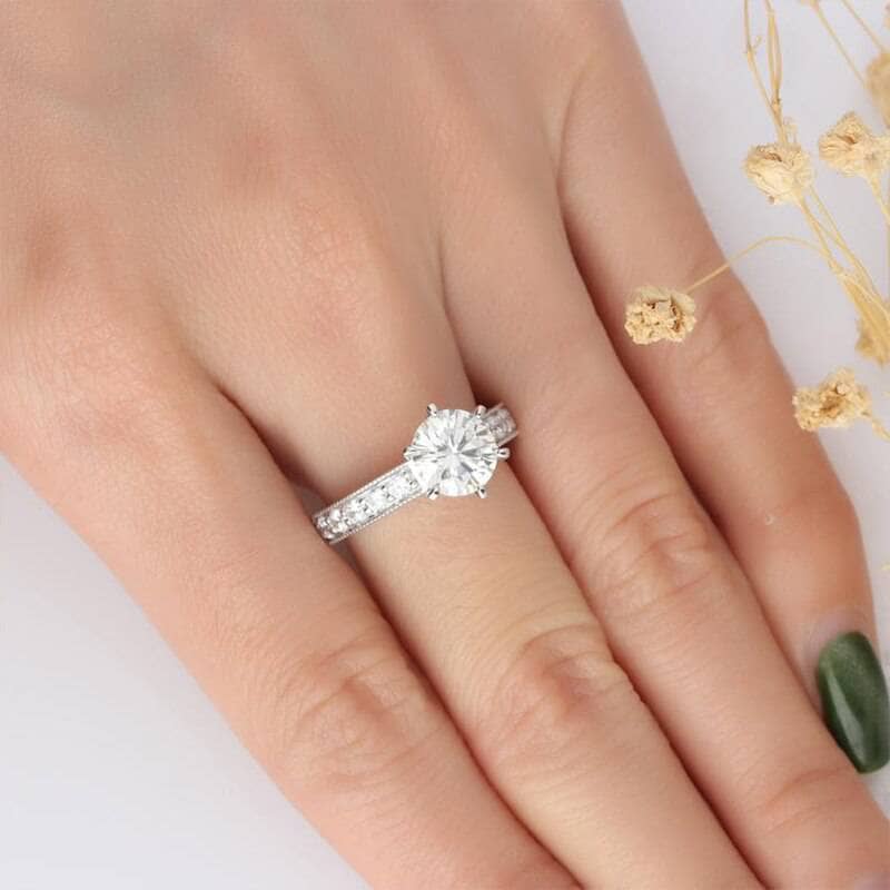 14K White Gold 2ct Round Cut Moissanite Engagement Ring - Black Diamonds New York