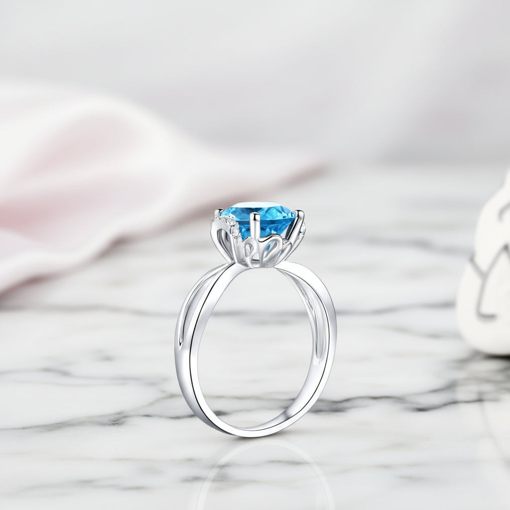 14k White Gold 2ct Swiss Blue Topaz Diamond Option Ring-Black Diamonds New York