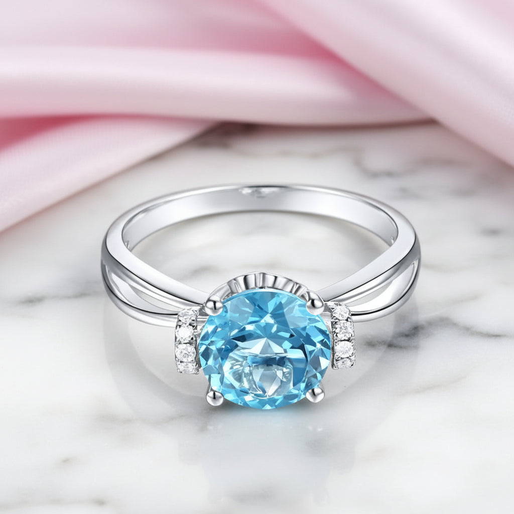 14k White Gold 2ct Swiss Blue Topaz Diamond Option Ring-Black Diamonds New York