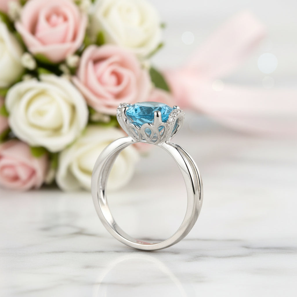 14k White Gold 2ct Swiss Blue Topaz Diamond Option Ring-Black Diamonds New York