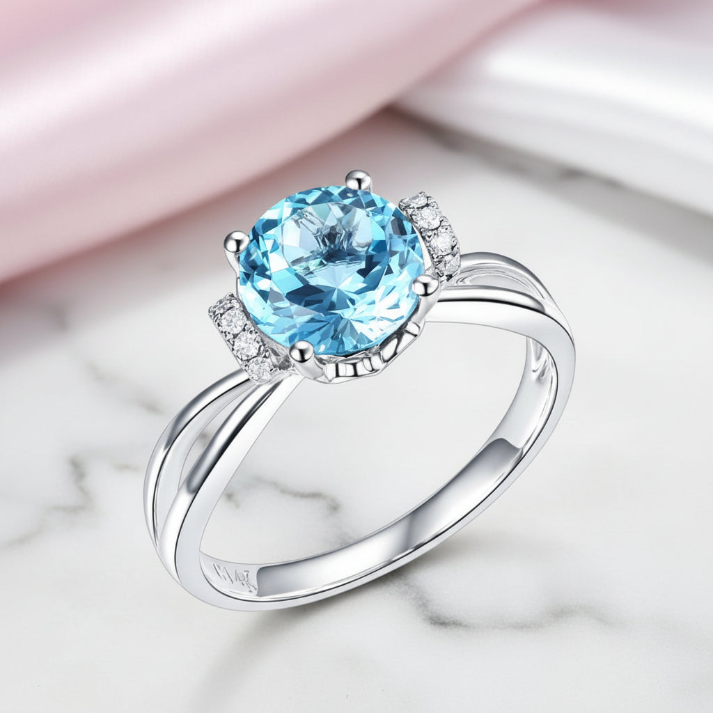14k White Gold 2ct Swiss Blue Topaz Diamond Option Ring-Black Diamonds New York