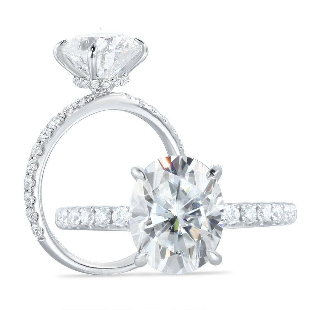 14k White Gold 3ct Oval Cut Moissanite Under Halo Engagement Ring - Black Diamonds New York