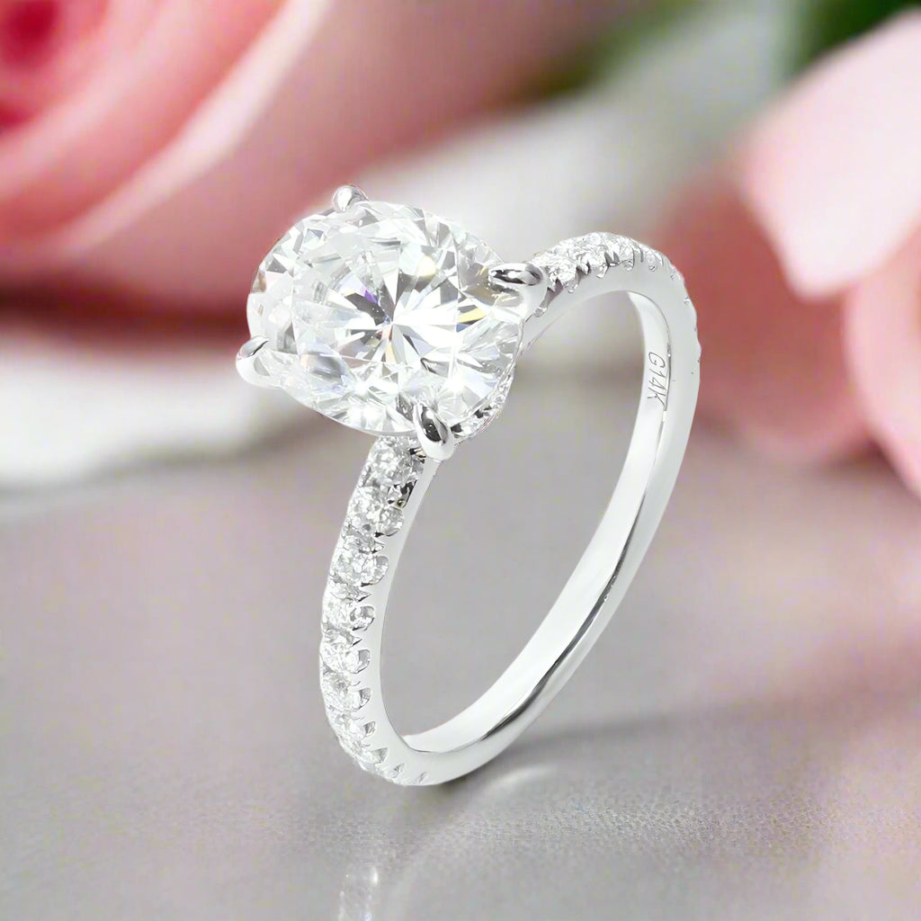 14k White Gold 3ct Oval Cut Diamond Under Halo Engagement Ring-Black Diamonds New York