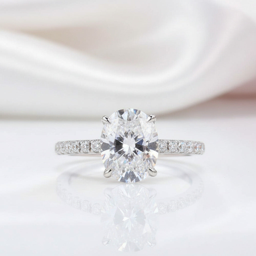 14k White Gold 3ct Oval Cut Diamond Option Under Halo Engagement Ring-Black Diamonds New York