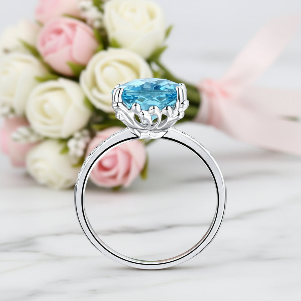 14k White Gold 4.5ct Cushion Swiss Blue Topaz Diamond Option-Black Diamonds New York