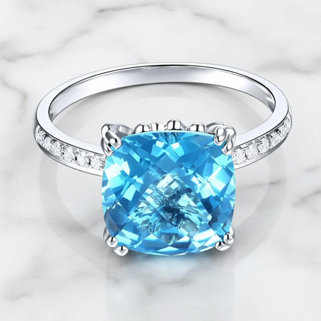 14k White Gold 4.5ct Cushion Swiss Blue Topaz Diamond Option-Black Diamonds New York