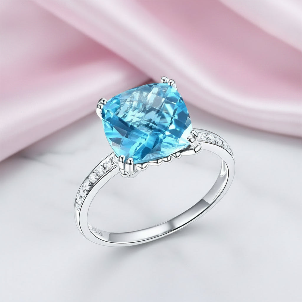 14k White Gold 4.5ct Cushion Swiss Blue Topaz Diamond Option-Black Diamonds New York