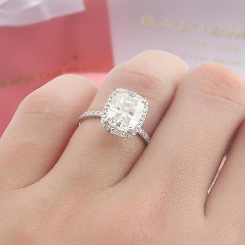 14k White Gold 4ct 8*10mm Cushion Cut Moissanite Halo Engagement Ring - Black Diamonds New York