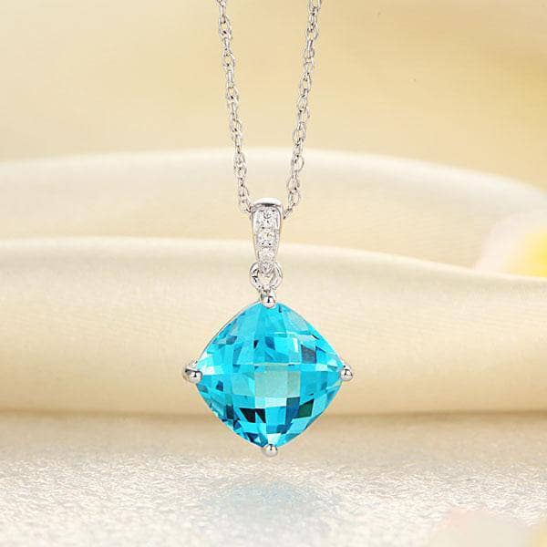 14K White Gold 4ct Cushion Swiss Blue Topaz Pendant Necklace 0.03ct Diamond-Black Diamonds New York