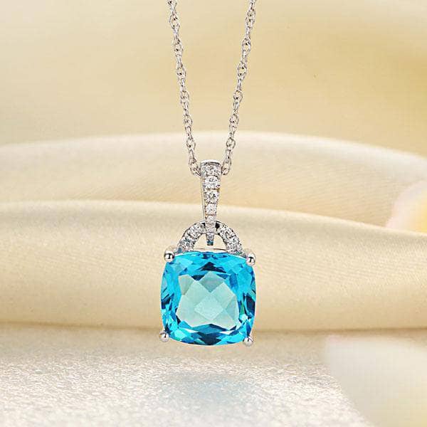 14K White Gold 4ct Cushion Swiss Blue Topaz Pendant Necklace 0.1ct Diamond-Black Diamonds New York