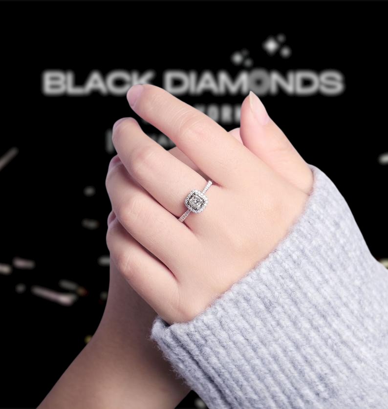 14K White Gold 4mm Princess Cut Moissanite Halo Engagement Ring - Black Diamonds New York