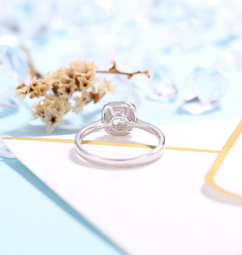 14K White Gold 4mm Princess Cut Moissanite Halo Engagement Ring - Black Diamonds New York