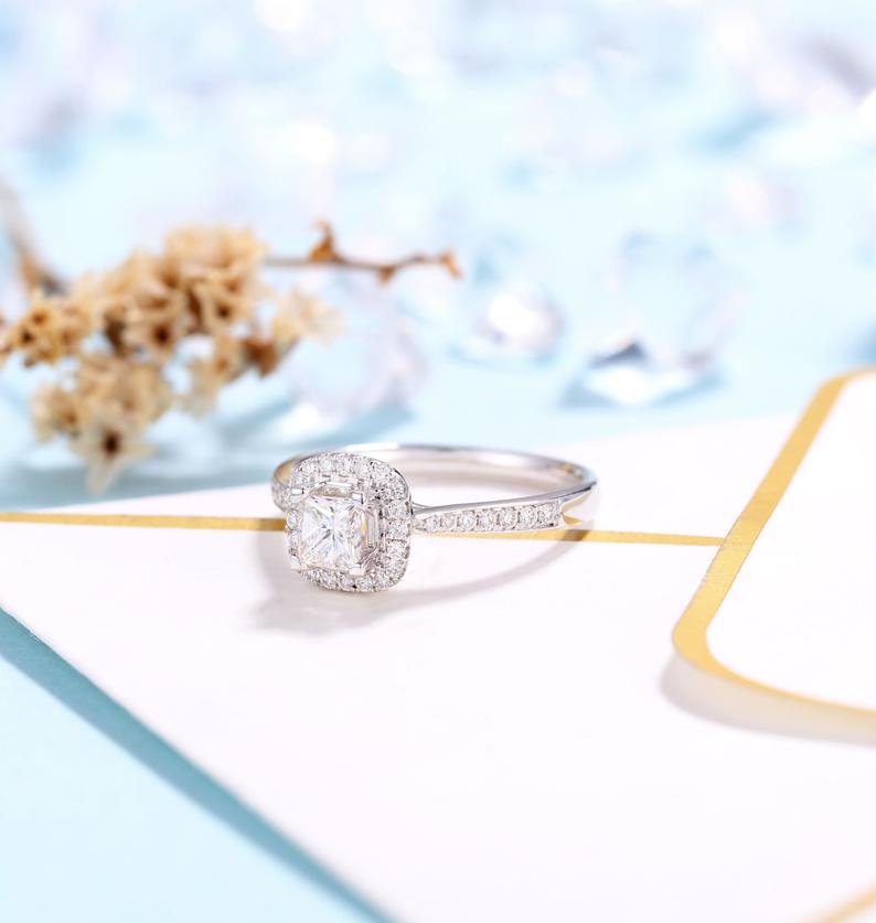 14K White Gold 4mm Princess Cut Diamond Halo Engagement Ring-Black Diamonds New York