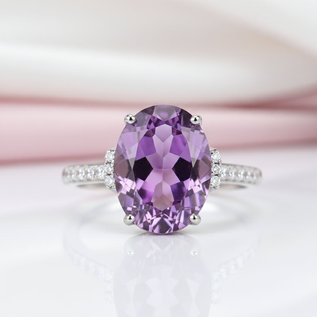 14k White Gold 5.75 Ct Oval Purple Amethyst 0.22 Ct Natural Diamond Option-Black Diamonds New York