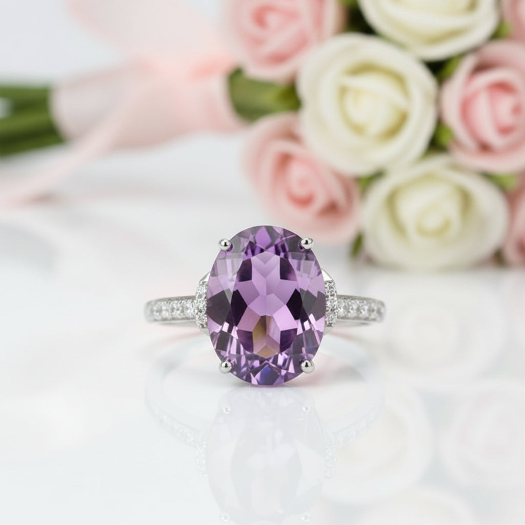 14k White Gold 5.75 Ct Oval Purple Amethyst 0.22 Ct Diamond Option-Black Diamonds New York