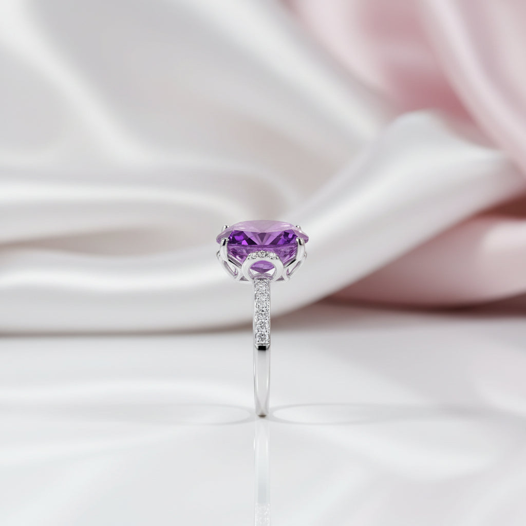 14k White Gold 5.75 Ct Oval Purple Amethyst 0.22 Ct Diamond Option-Black Diamonds New York