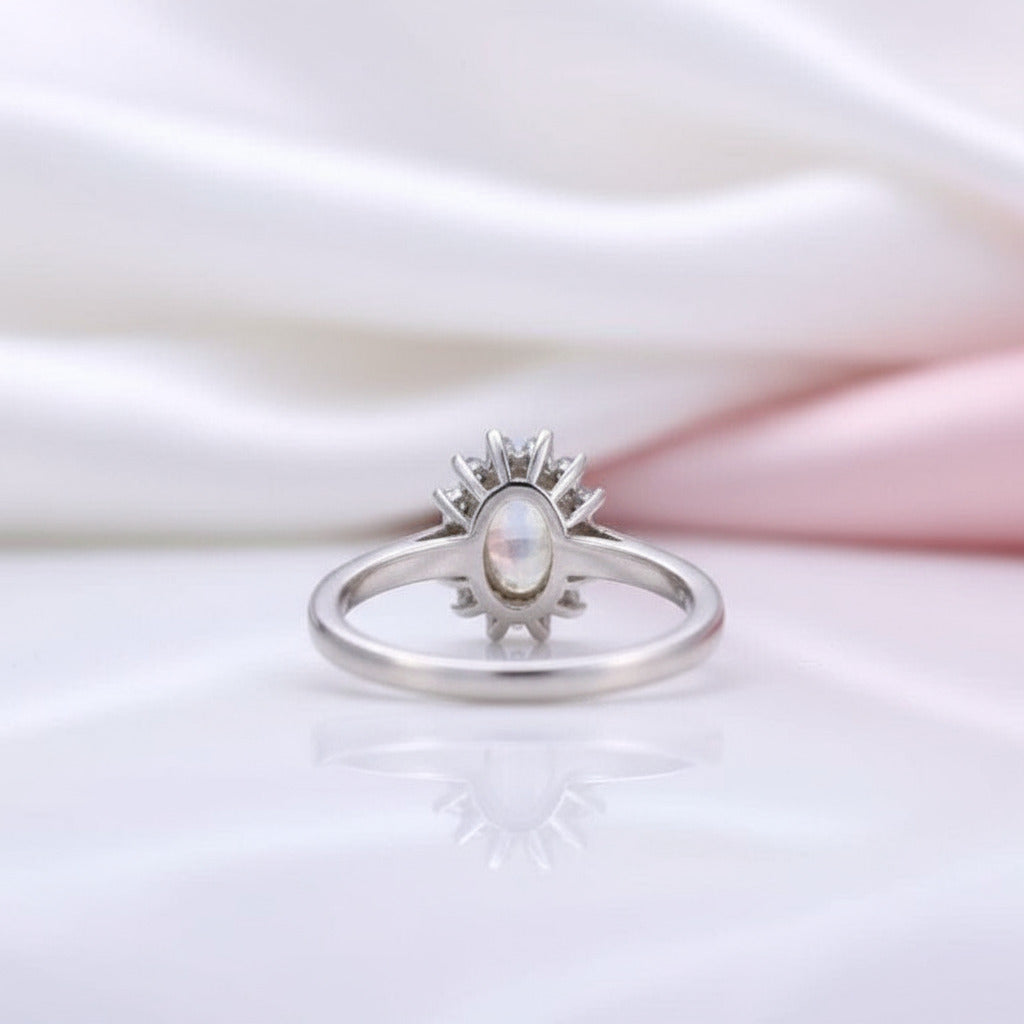 14k White Gold 5*7mm Oval Cut Moonstone Floral Halo Engagement-Black Diamonds New York