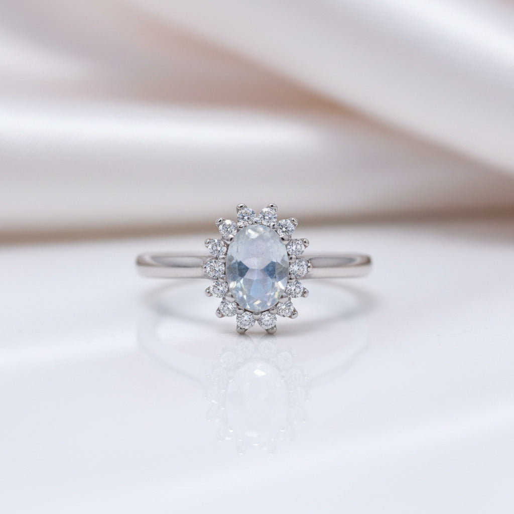 14k White Gold 5*7mm Oval Cut Moonstone Floral Halo Engagement-Black Diamonds New York