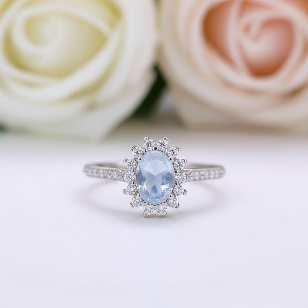 14k White Gold 5*7mm Oval Cut Moonstone Floral Halo Engagement-Black Diamonds New York