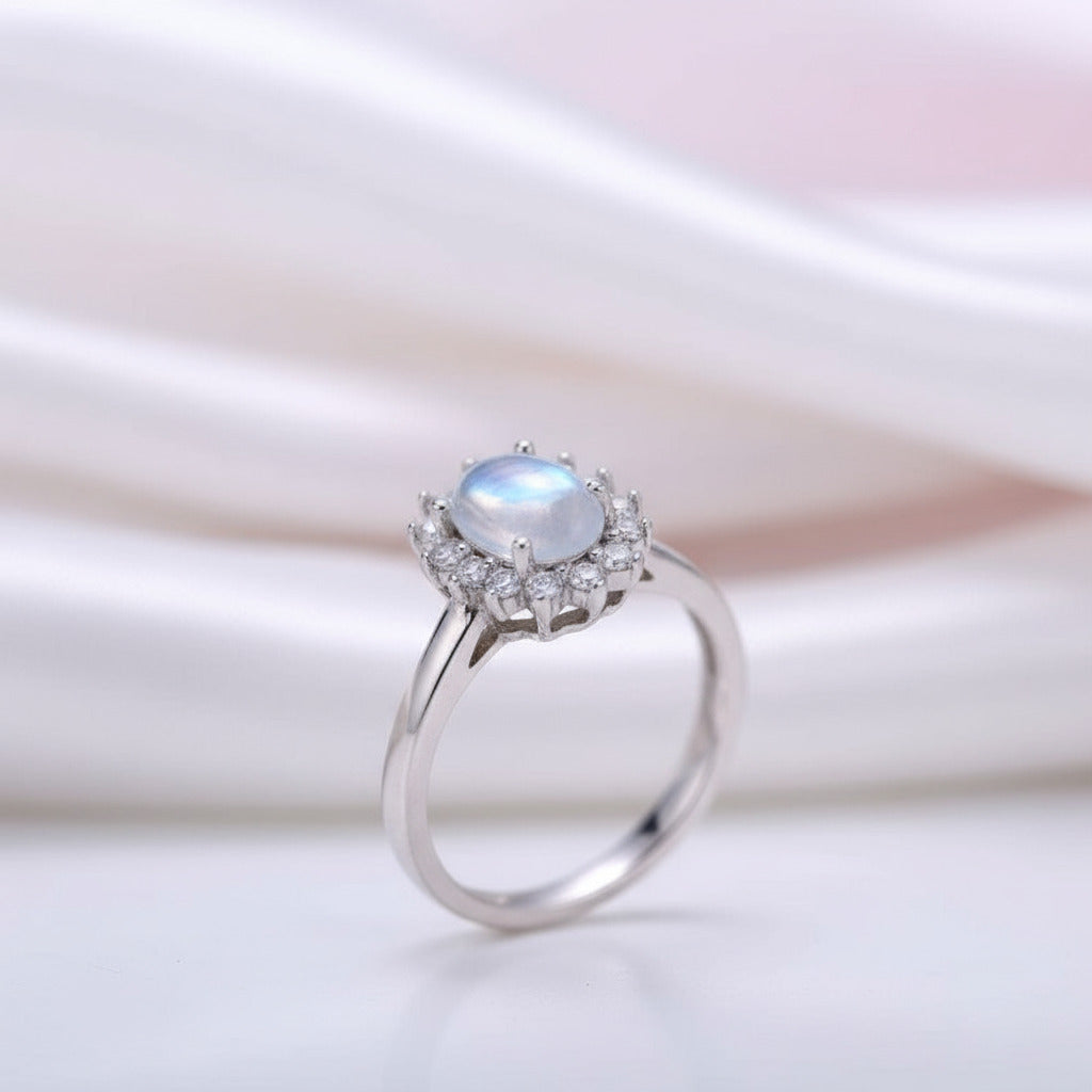 14k White Gold 5*7mm Oval Cut Moonstone Floral Halo Engagement-Black Diamonds New York
