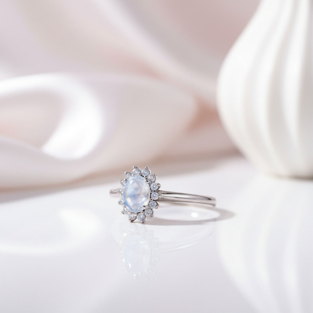 14k White Gold 5*7mm Oval Cut Moonstone Floral Halo Engagement-Black Diamonds New York