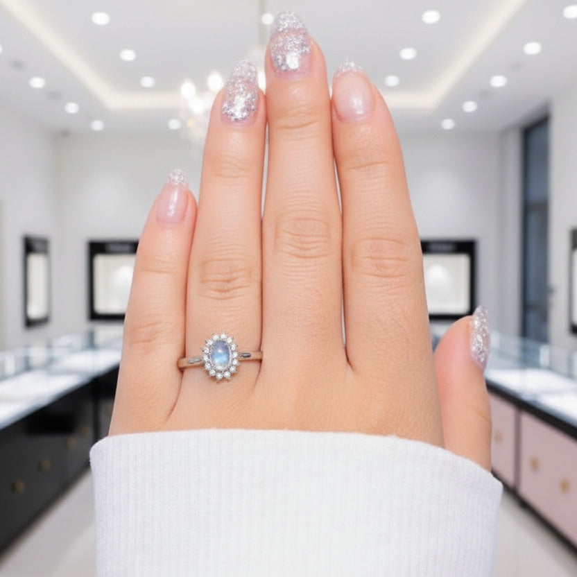 14k White Gold 5*7mm Oval Cut Moonstone Floral Halo Engagement-Black Diamonds New York