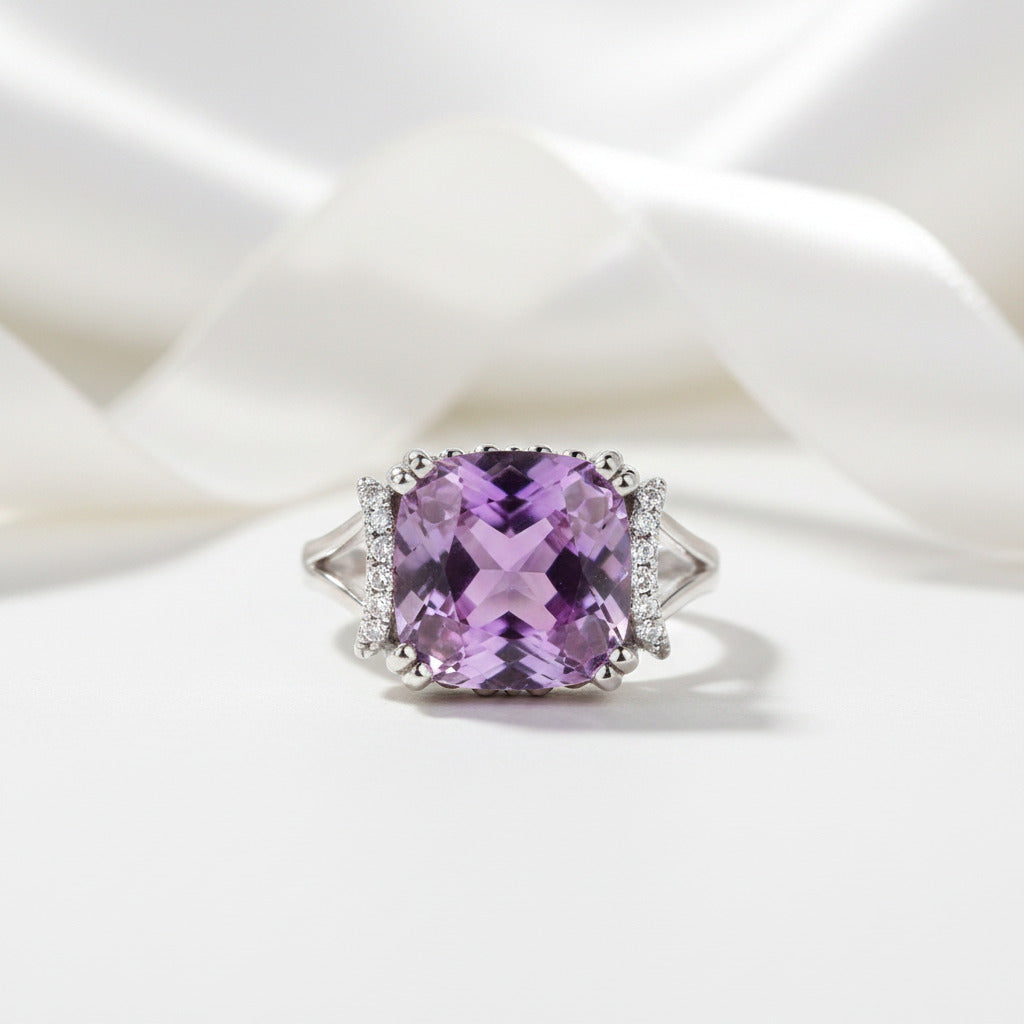 14k White Gold 6.4 Ct Cushion Purple Amethyst Diamond Option-Black Diamonds New York