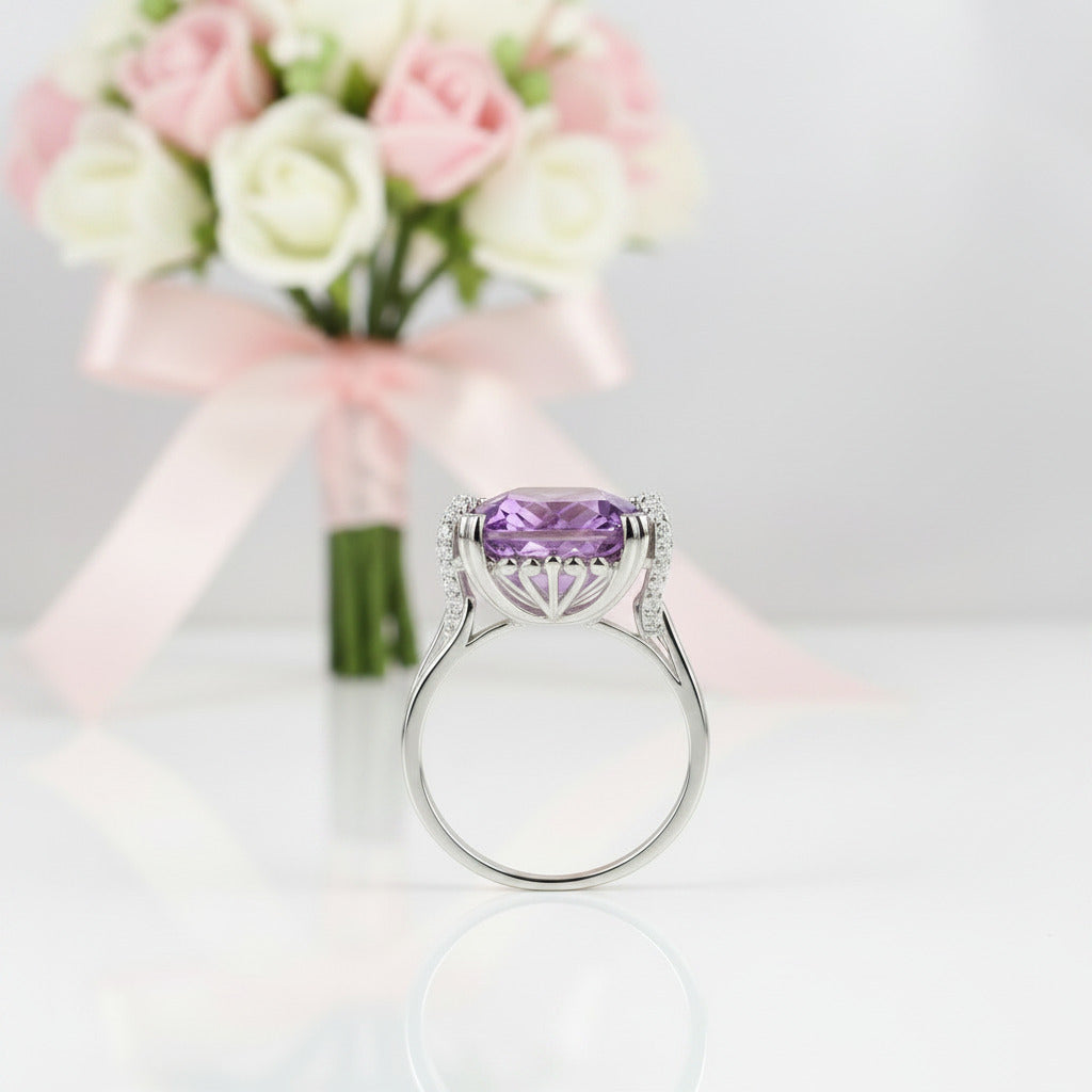 14k White Gold 6.4 Ct Cushion Purple Amethyst Diamond Option-Black Diamonds New York
