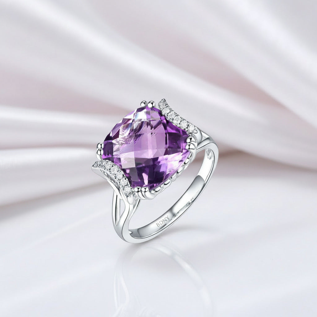 14k White Gold 6.4 Ct Cushion Purple Amethyst Diamond Option-Black Diamonds New York