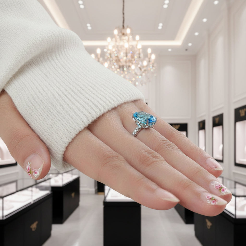 14K White Gold 6.5 Ct Oval Swiss Blue Topaz 0.22 Ct Diamond Option-Black Diamonds New York
