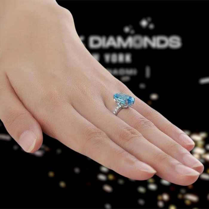 14K White Gold 6.5 Ct Oval Swiss Blue Topaz 0.22 Ct Natural Diamond - Black Diamonds New York