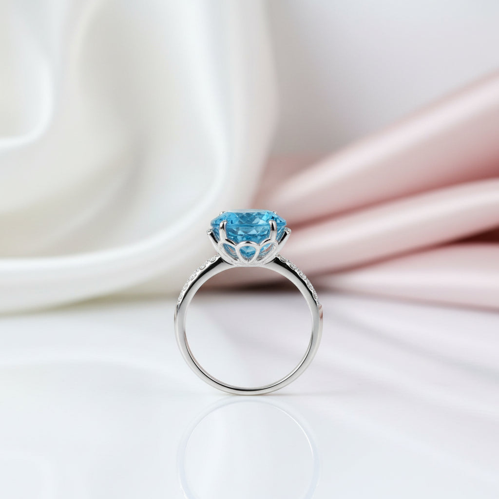 14K White Gold 6.5 Ct Oval Swiss Blue Topaz 0.22 Ct Diamond Option-Black Diamonds New York