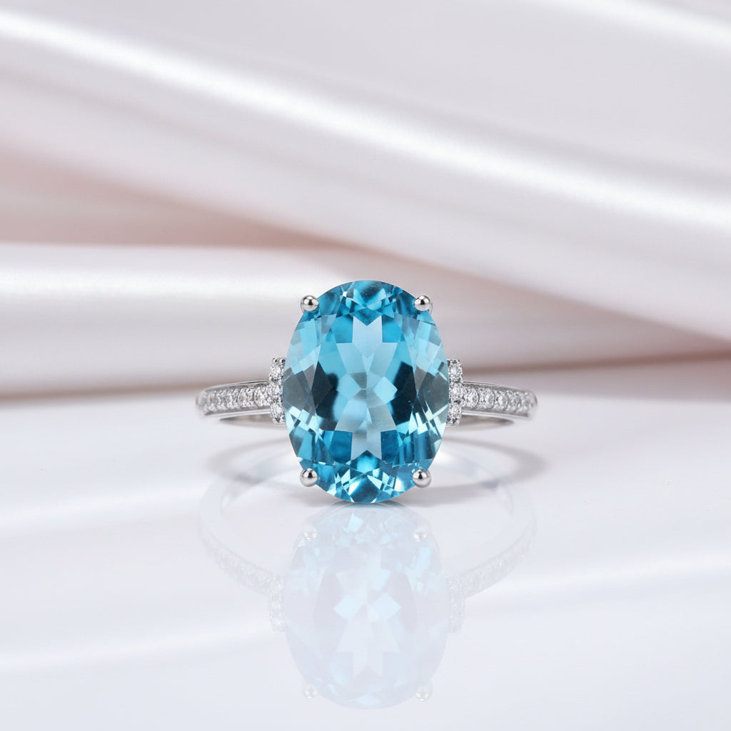 14K White Gold 6.5 Ct Oval Swiss Blue Topaz 0.22 Ct Diamond Option-Black Diamonds New York