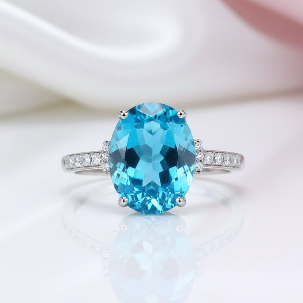 14K White Gold 6.5 Ct Oval Swiss Blue Topaz 0.22 Ct Diamond Option-Black Diamonds New York