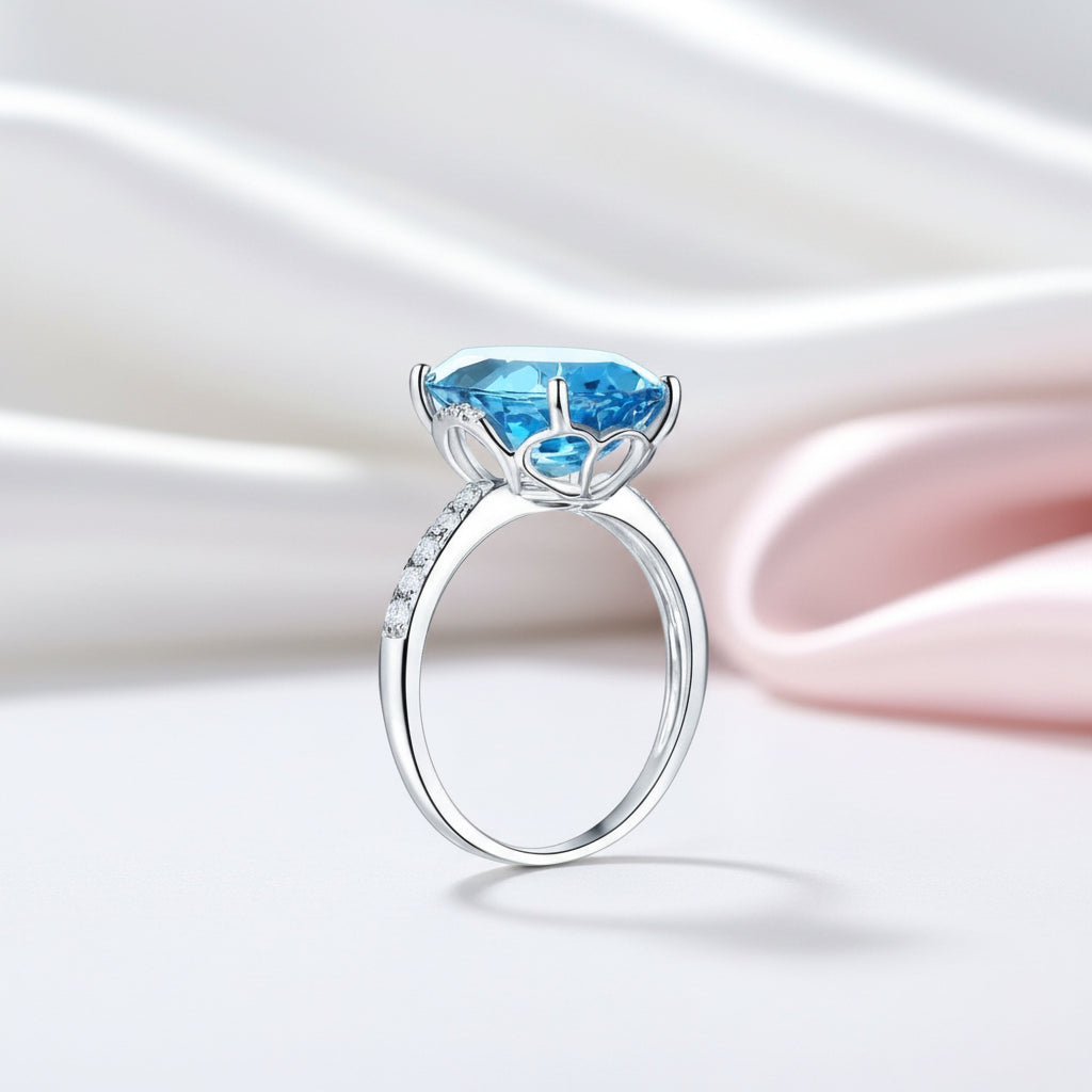 14K White Gold 6.5 Ct Oval Swiss Blue Topaz 0.22 Ct Diamond Option-Black Diamonds New York